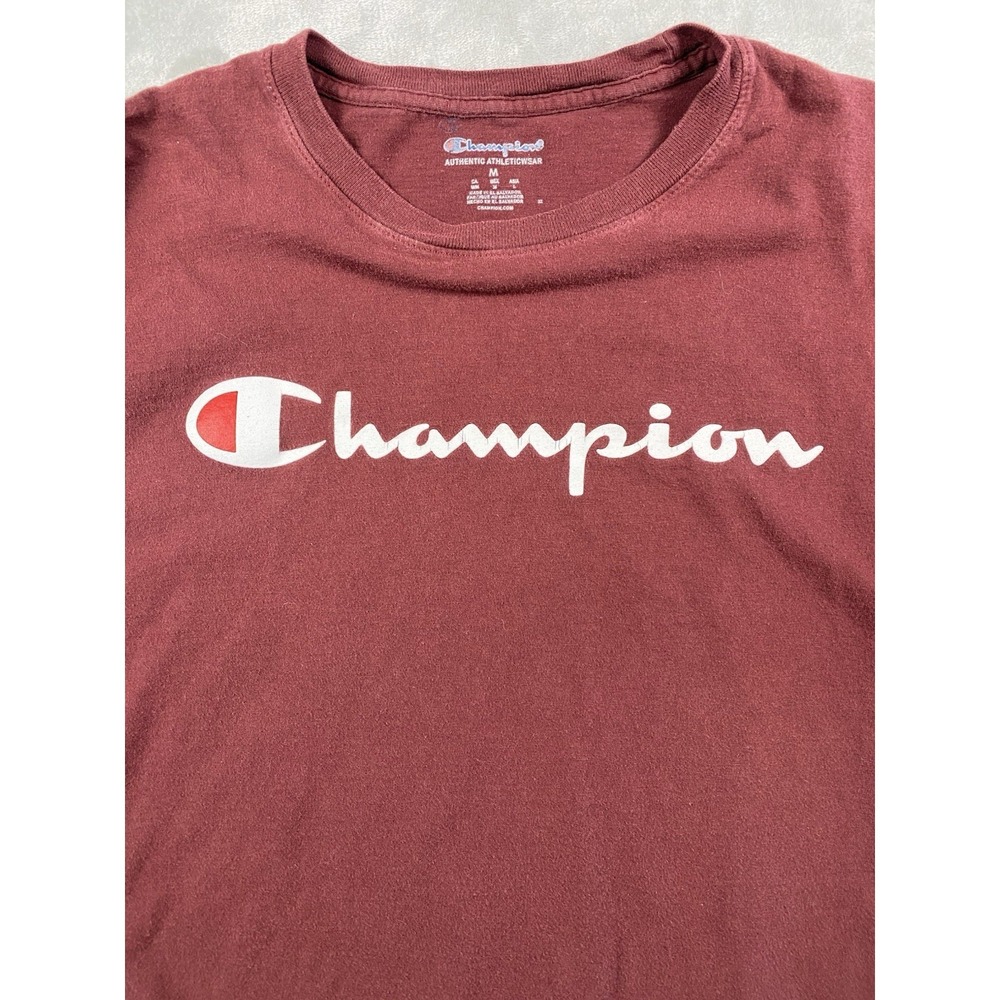 CHAMPION Men's (Size Medium) Burgundy Red Short Sleeve Spellout Logo T-Shirt Top - Picture 7 of 10